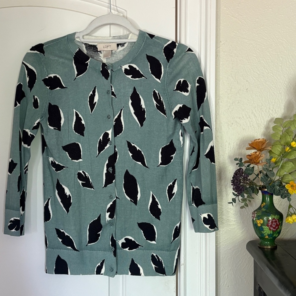 Loft Blue Leaf Pattern Cardigan - image 4